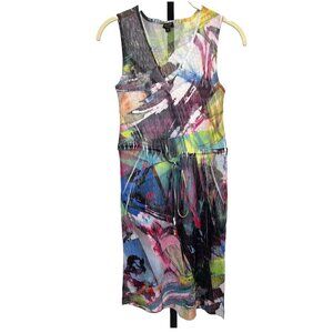 Komarov Artsy Tie Dye Multi V-Neck Waist Tie Sleeveless Crinkle Dress - Size S